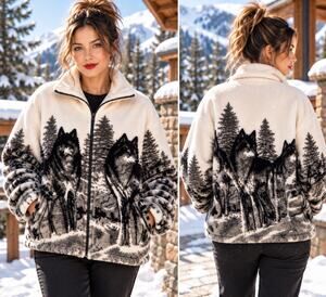 Glacier Gear Outdoor Wolf Fleece Jacket Large Full Zip Scenic Forest
